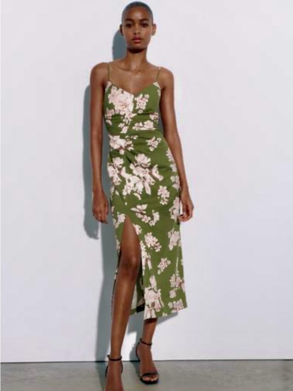 Zara Olive Green Floral Midi Slip Dress with Pink Blooms